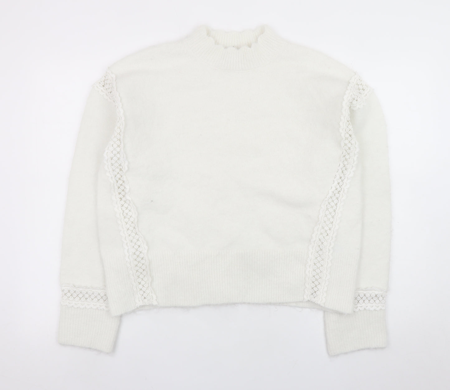 Marks and Spencer Women White Mock Neck Lace Knit Jumper Size M