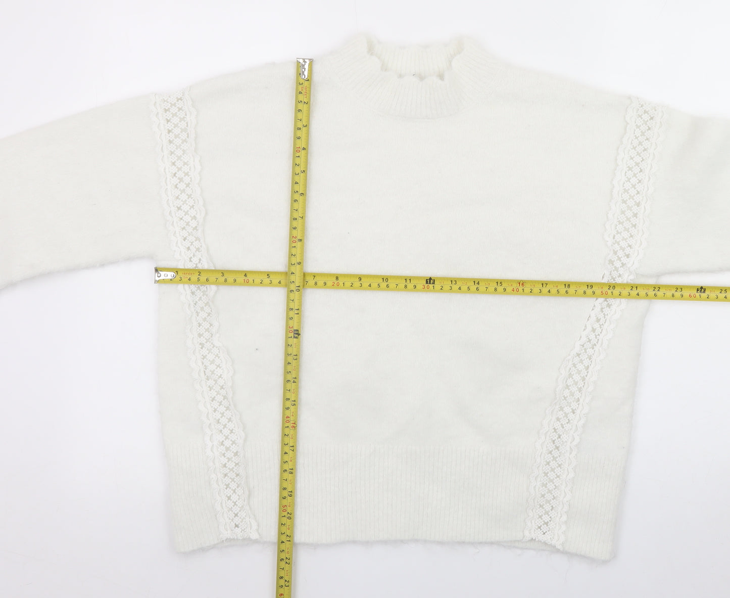 Marks and Spencer Women White Mock Neck Lace Knit Jumper Size M