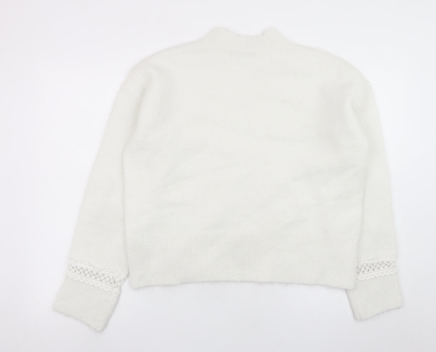 Marks and Spencer Women White Mock Neck Lace Knit Jumper Size M