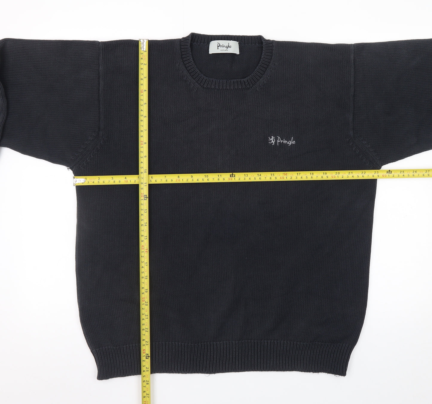 Pringle Mens Black Cotton Crew Neck Jumper Size L Classic Knit