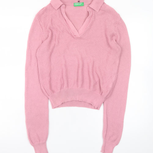 United Colors of Benetton Women’s Pink V-Neck Cotton Knit Jumper XS