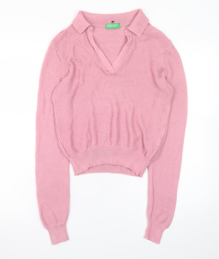 United Colors of Benetton Women’s Pink V-Neck Cotton Knit Jumper XS