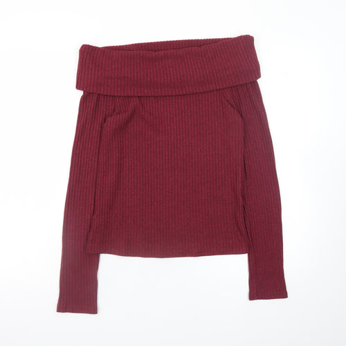 New Look Women's Burgundy Off Shoulder Ribbed Jumper Size 12