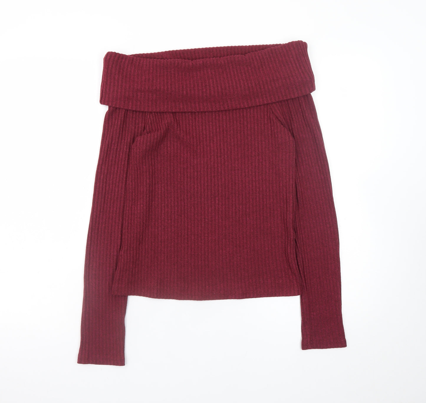 New Look Women's Burgundy Off Shoulder Ribbed Jumper Size 12