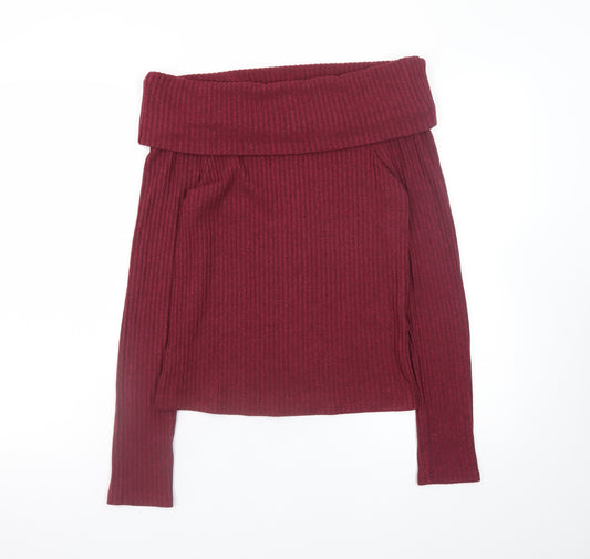 New Look Women's Burgundy Off Shoulder Ribbed Jumper Size 12