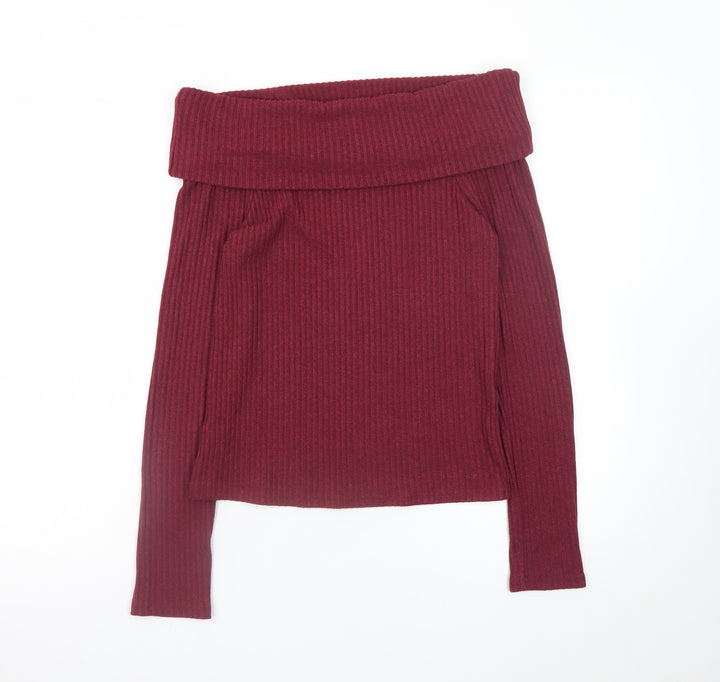 New Look Women's Burgundy Off Shoulder Ribbed Jumper Size 12