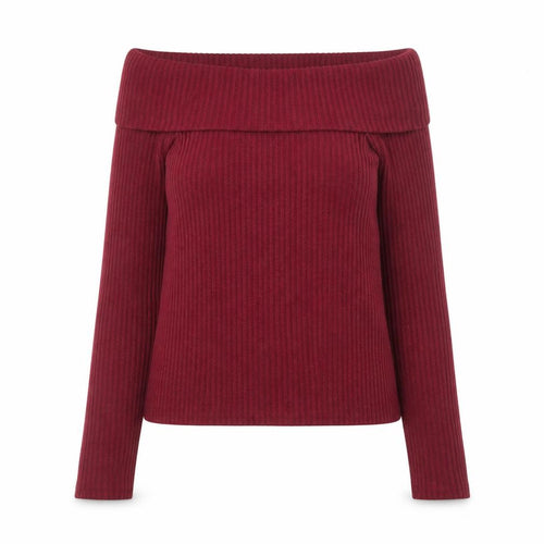 New Look Women's Burgundy Off Shoulder Ribbed Jumper Size 12