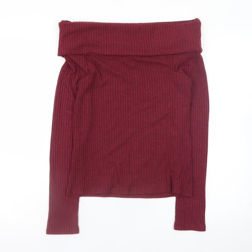 New Look Women's Burgundy Off Shoulder Ribbed Jumper Size 12
