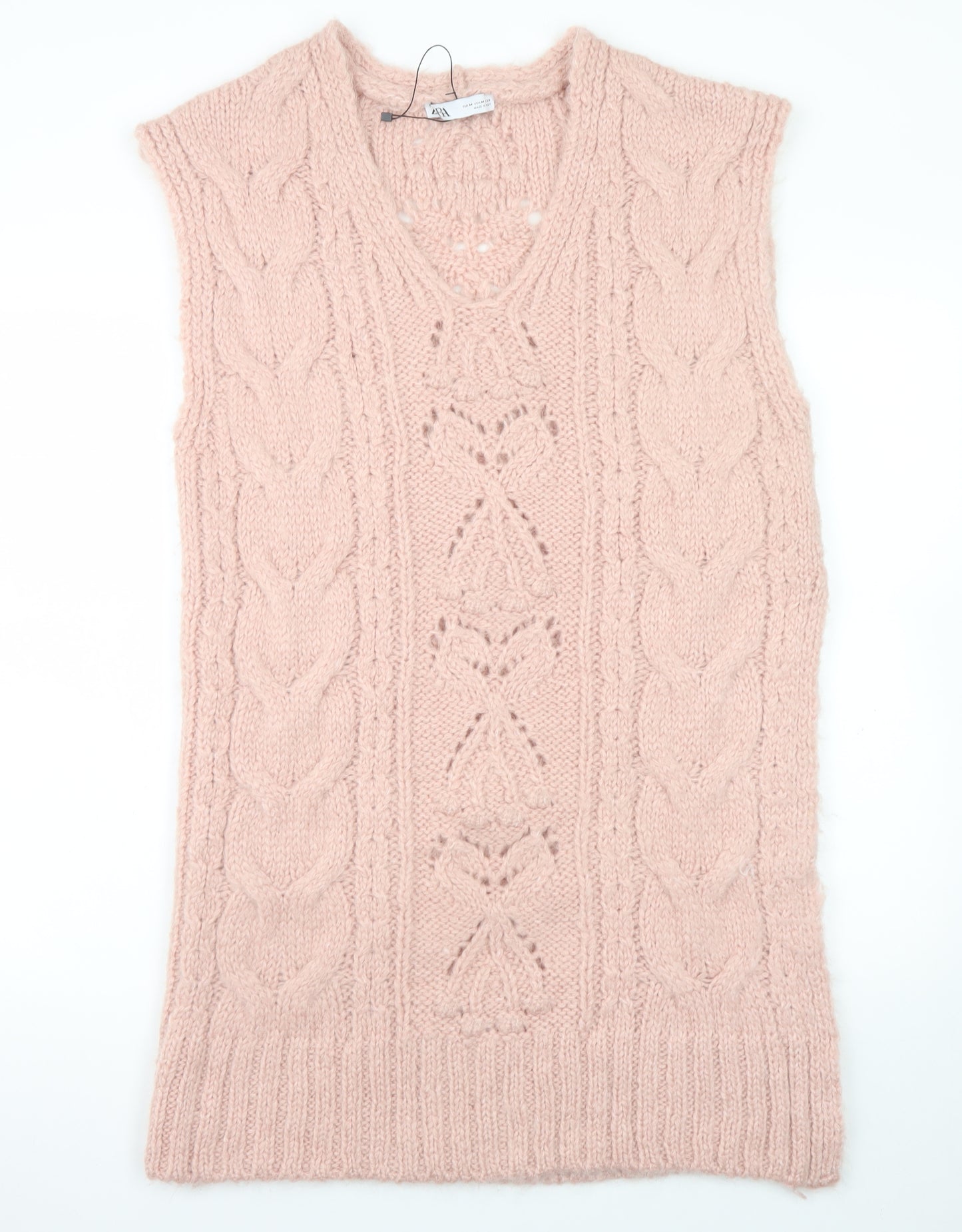ZARA Women Pink Knit Sleeveless V-Neck Midi Dress M
