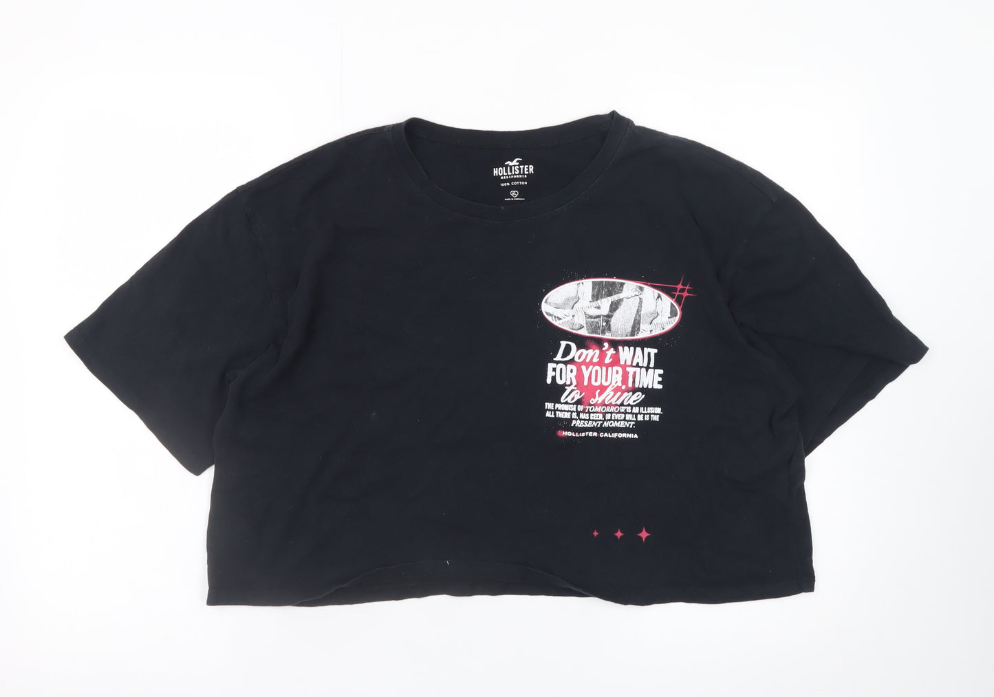 Hollister Womens Black Cropped T-Shirt XL Relaxed Cotton Quote Print