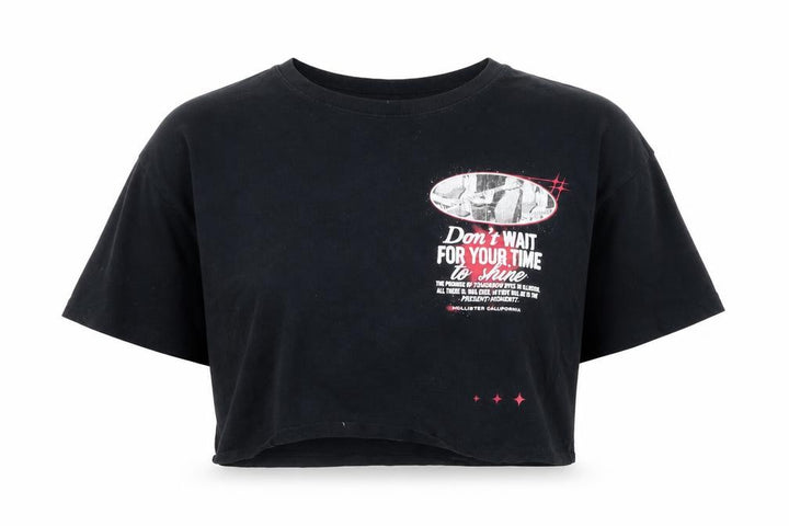 Hollister Womens Black Cropped T-Shirt XL Relaxed Cotton Quote Print