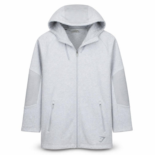 Front view of Gymshark Men’s Grey Full Zip Athletic Hoodie, size S