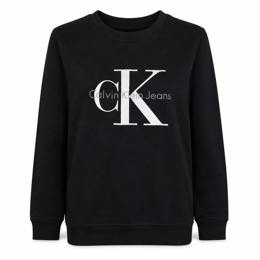 Front view of Calvin Klein Jeans women’s black small logo crew neck sweatshirt