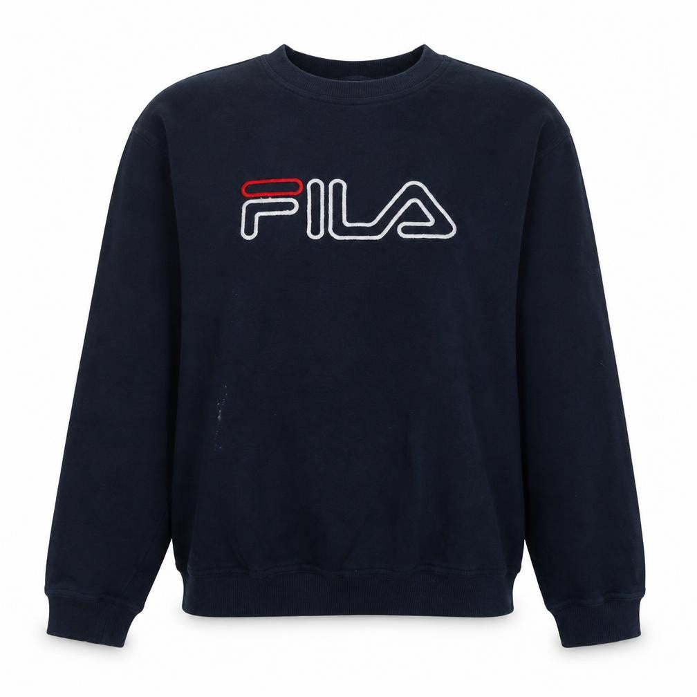 Front view of Fila women’s navy blue xl crew neck pullover sweatshirt