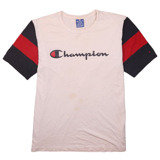 Champion Men's Beige Graphic T-Shirt Medium Red Black Sleeves