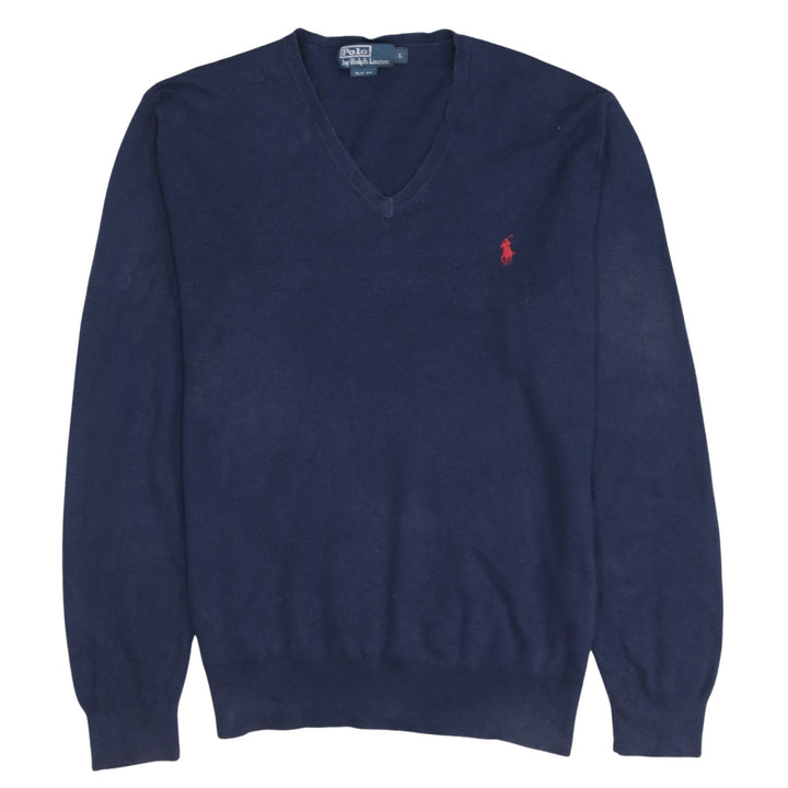 Ralph Lauren Men’s Blue V-Neck Slim Fit Cotton Jumper Size L