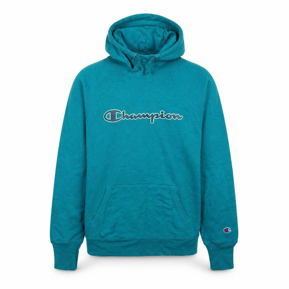 Front view of Champion Men's Blue Pullover Hoodie, size S, Fleece Logo Sweatshirt
