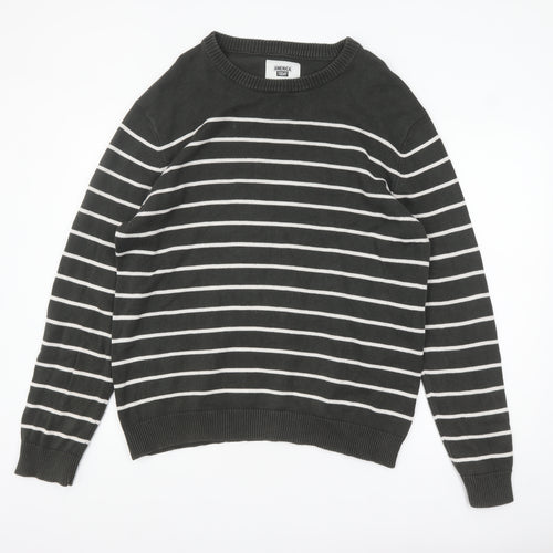 America Today Mens Grey Striped Cotton Crew Neck Jumper 2XL