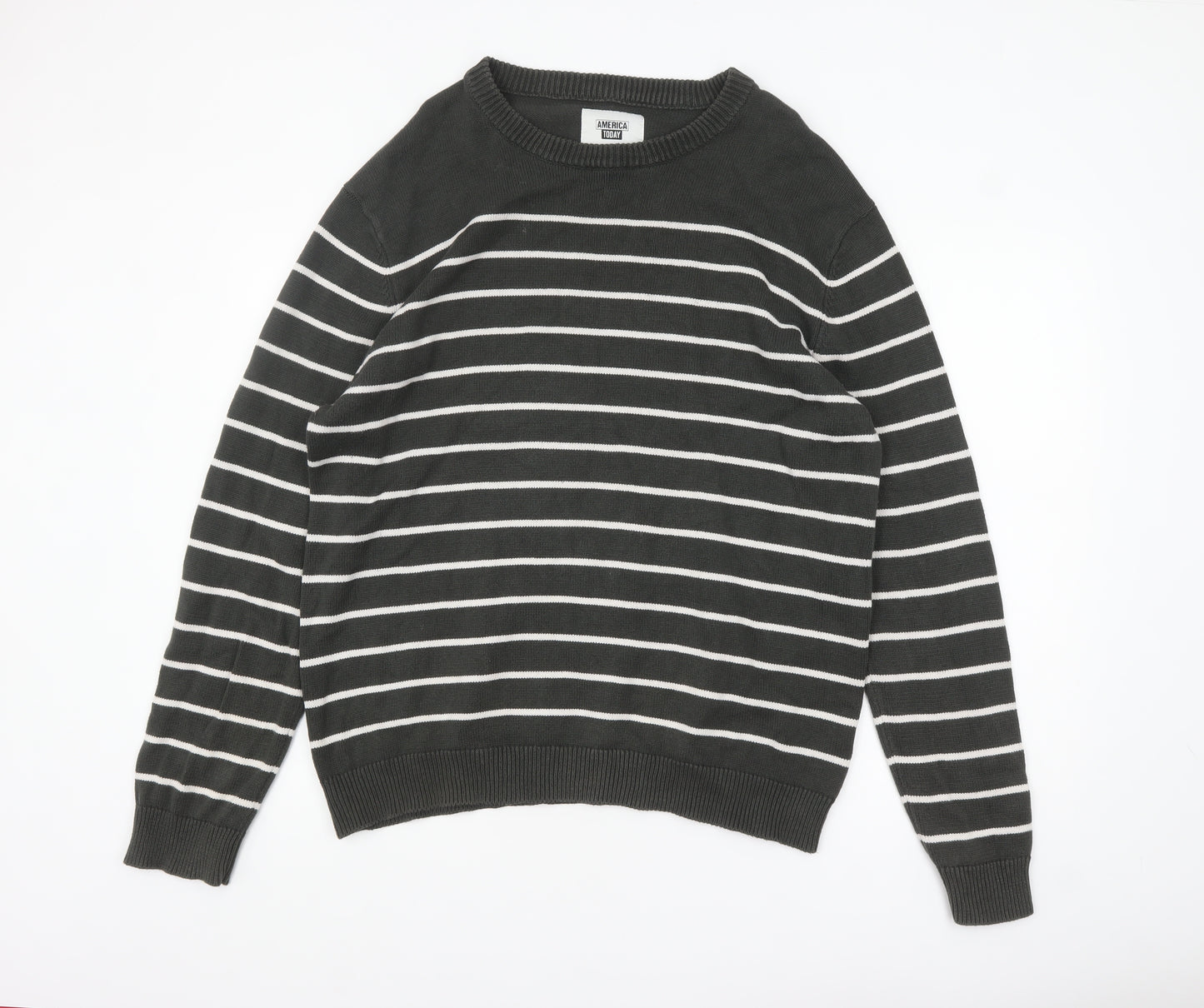 America Today Mens Grey Striped Cotton Crew Neck Jumper 2XL