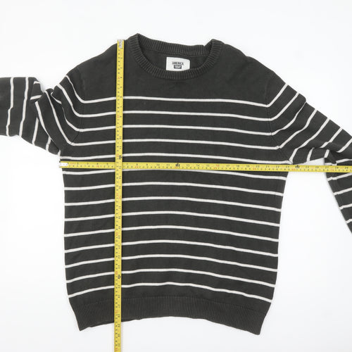 America Today Mens Grey Striped Cotton Crew Neck Jumper 2XL