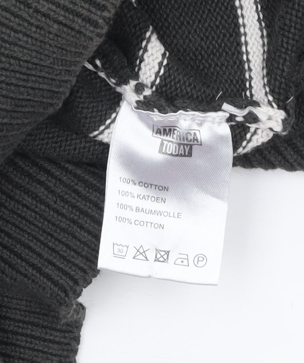 America Today Mens Grey Striped Cotton Crew Neck Jumper 2XL