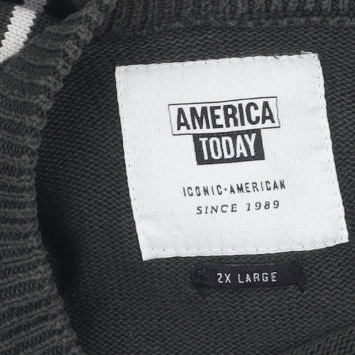 America Today Mens Grey Striped Cotton Crew Neck Jumper 2XL