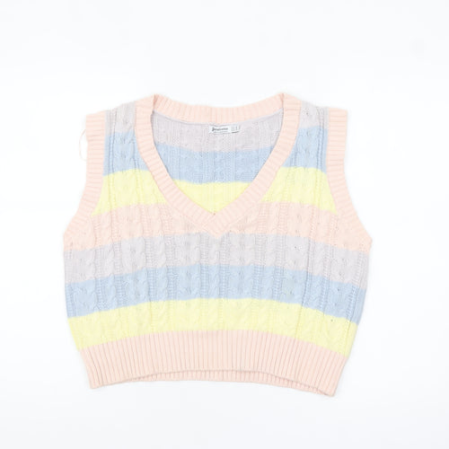 Stradivarius Womens Multicoloured Cotton Knit Sleeveless V-Neck Vest Size 12