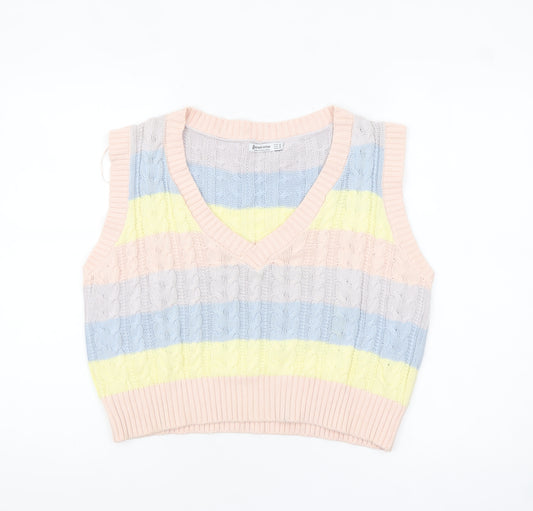 Stradivarius Womens Multicoloured Cotton Knit Sleeveless V-Neck Vest Size 12