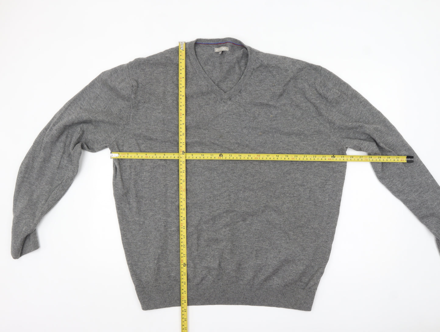 Avenue Men’s Grey Wool V-Neck Jumper 2XL Classic Fit