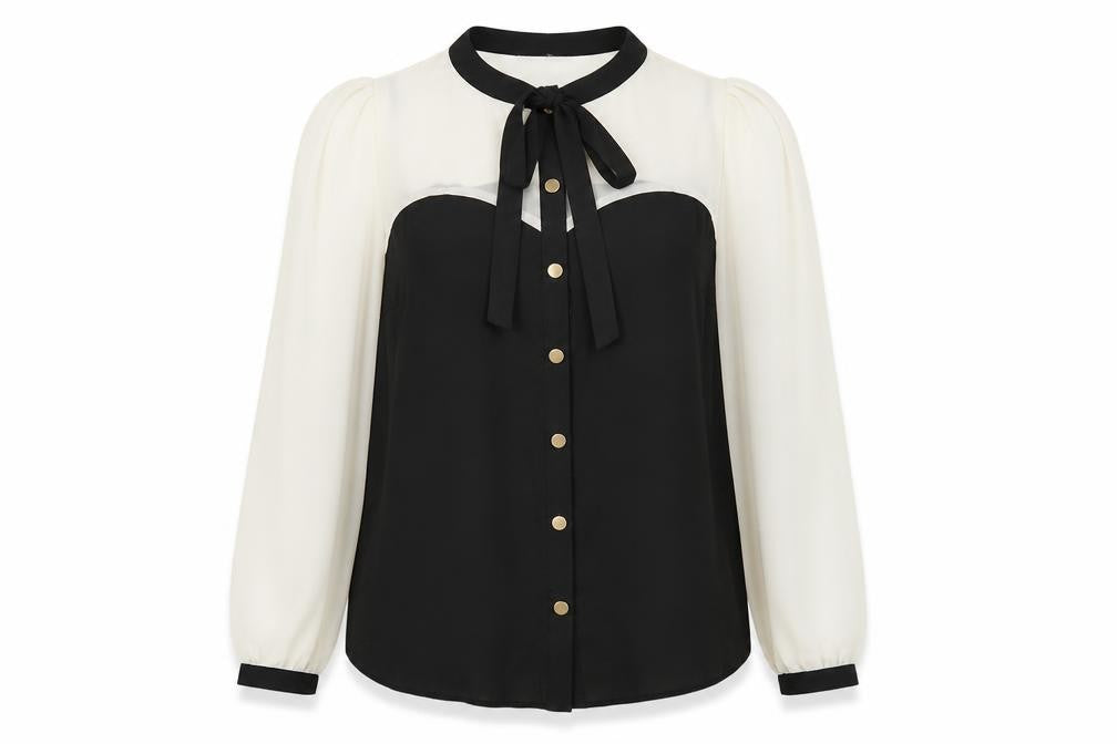 Front view of Atmosphere Women Black & White Bow Neck Chiffon Blouse UK 10