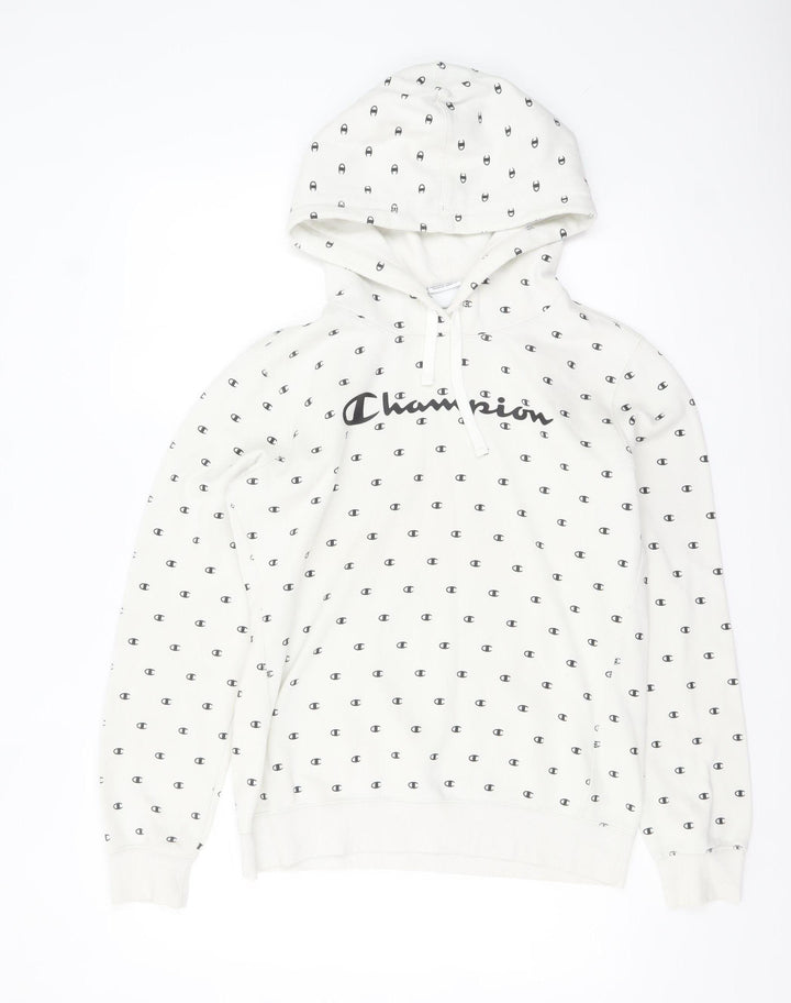 Champion Women White Logo Print Pullover Hoodie Size L
