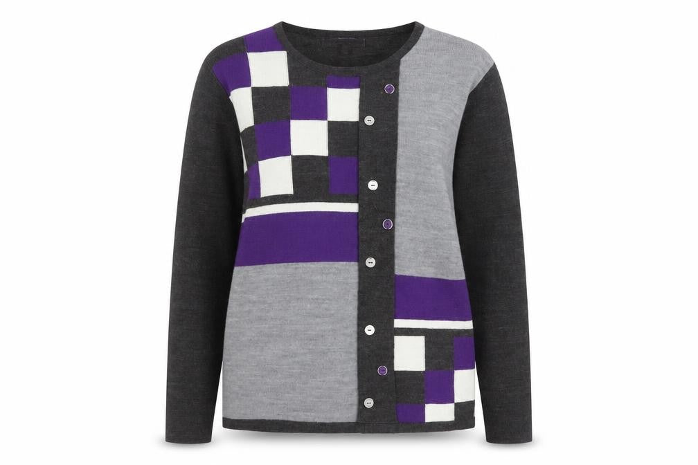 Front view of Autonomy Women's Grey Purple Geometric Button Cardigan M