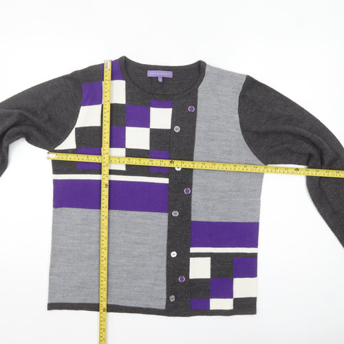 Autonomy Women's Grey Purple Geometric Button Cardigan M