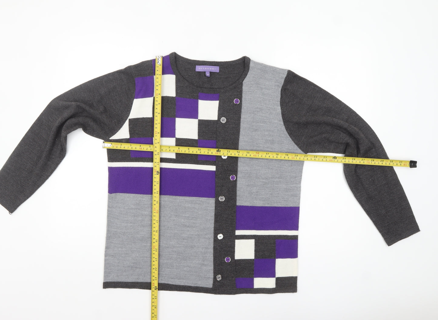 Autonomy Women's Grey Purple Geometric Button Cardigan M