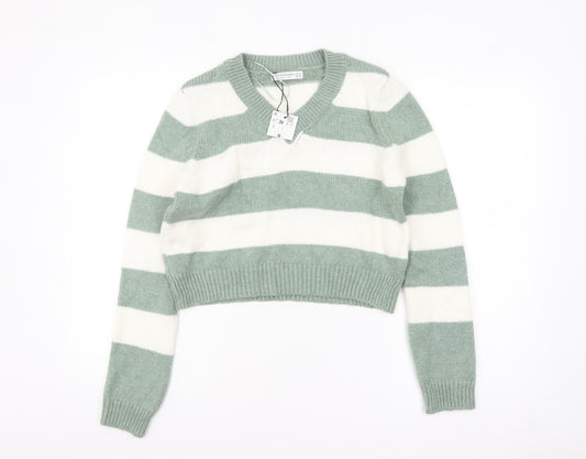Stradivarius Women Green White Striped V-Neck Pullover Jumper Size 8