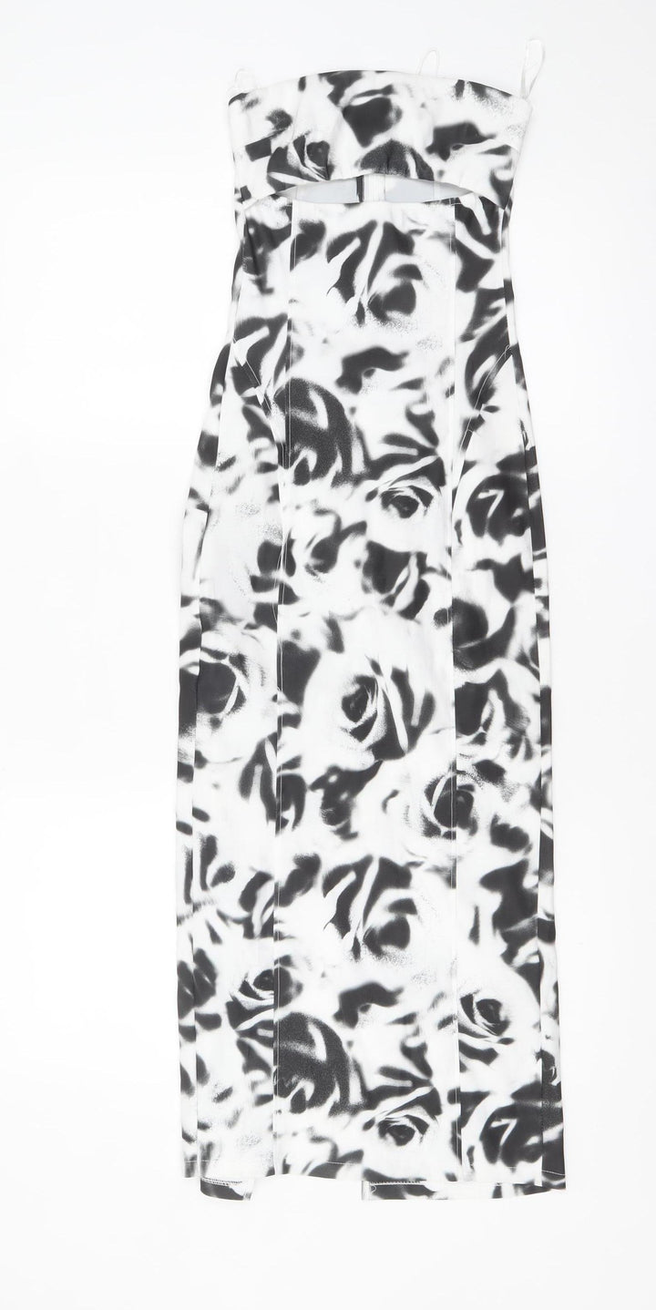 Bershka Womens Black White Floral Bodycon Midi Dress XS