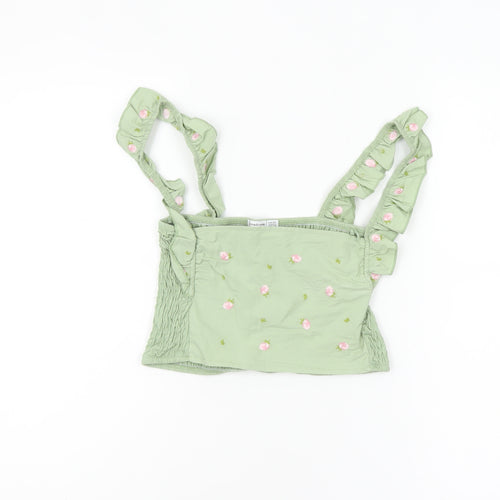 Stradivarius Women Green Floral Embroidered Ruffle Strap Camisole Tank Top XS