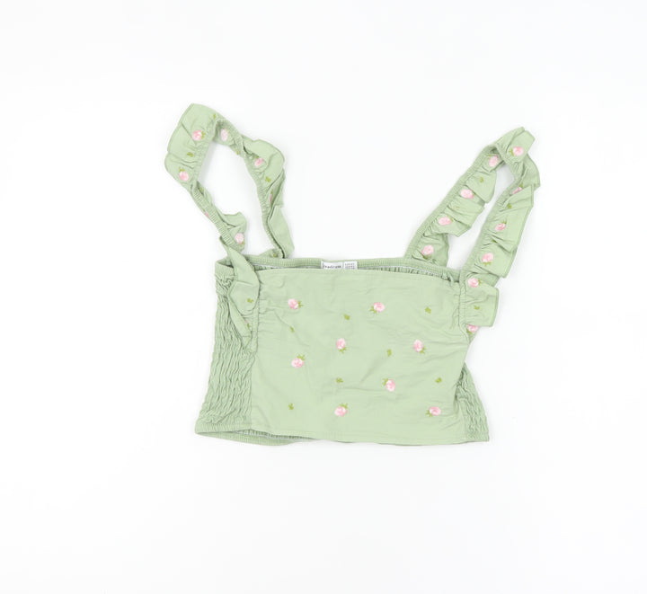 Stradivarius Women Green Floral Embroidered Ruffle Strap Camisole Tank Top XS