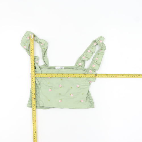 Stradivarius Women Green Floral Embroidered Ruffle Strap Camisole Tank Top XS