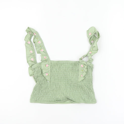 Stradivarius Women Green Floral Embroidered Ruffle Strap Camisole Tank Top XS