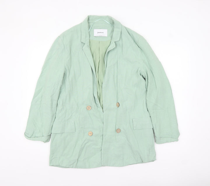 Stradivarius Women Green Double-Breasted Blazer XL Linen Blend