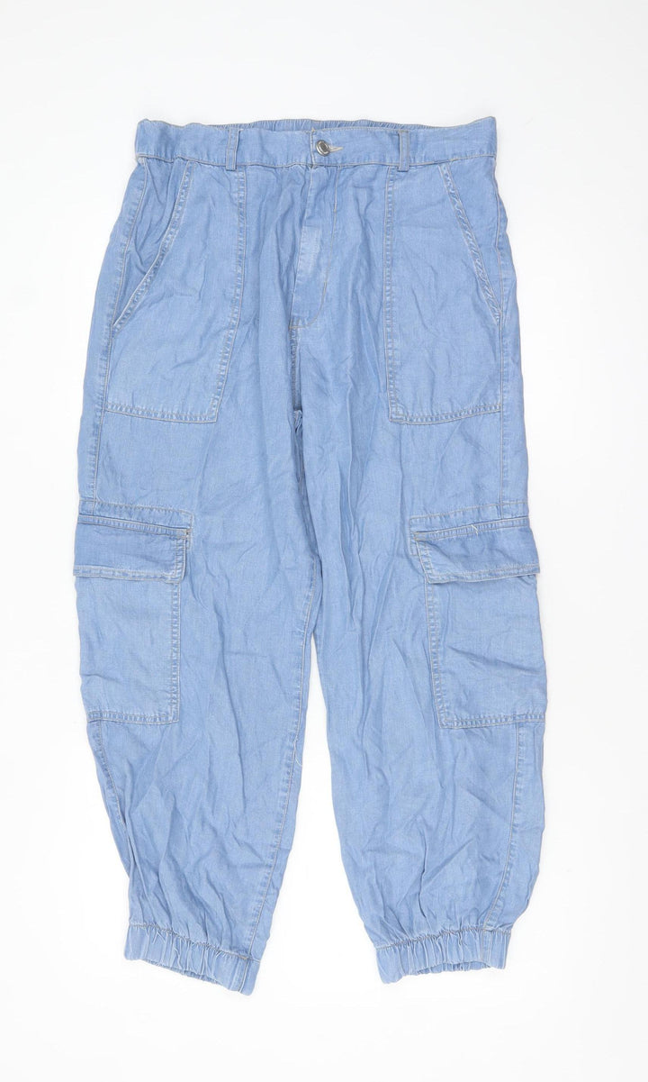 Stradivarius Womens Blue Cotton Cargo Trousers XL Relaxed Fit