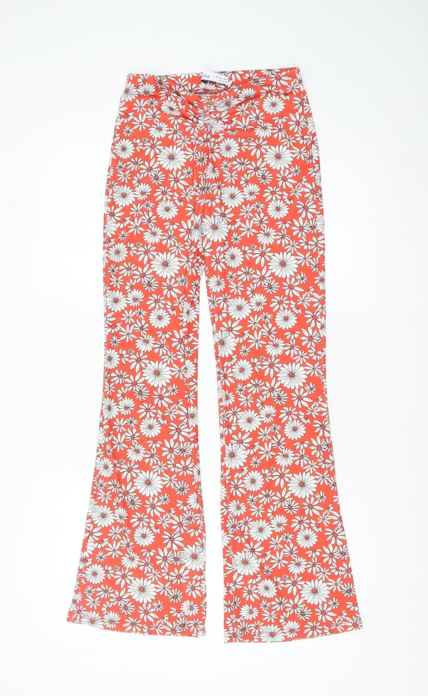 Bershka Womens Orange Floral Flared Trousers Size 8