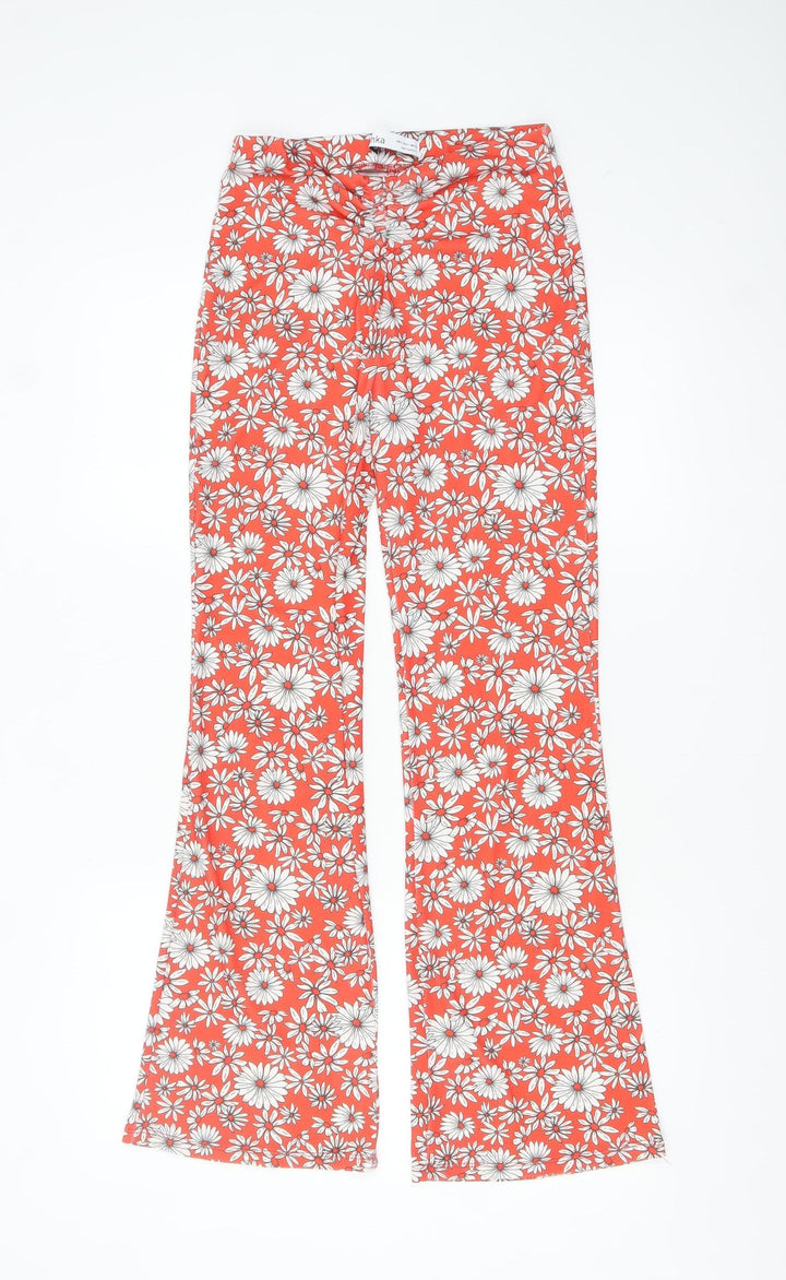 Bershka Womens Orange Floral Flared Trousers Size 8