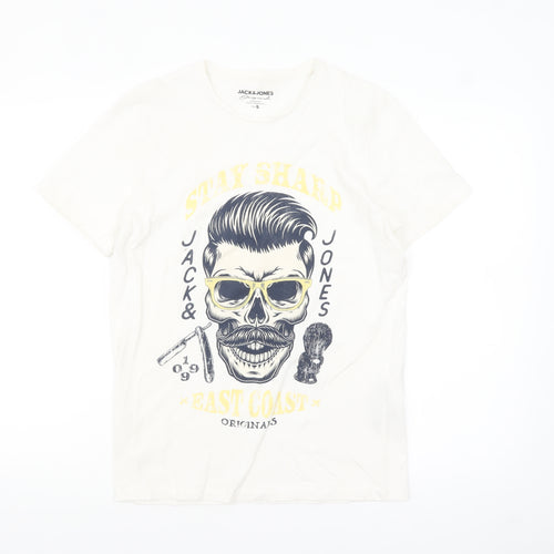 Jack & Jones Originals Men's White Graphic Skull Print Cotton T-Shirt Size S
