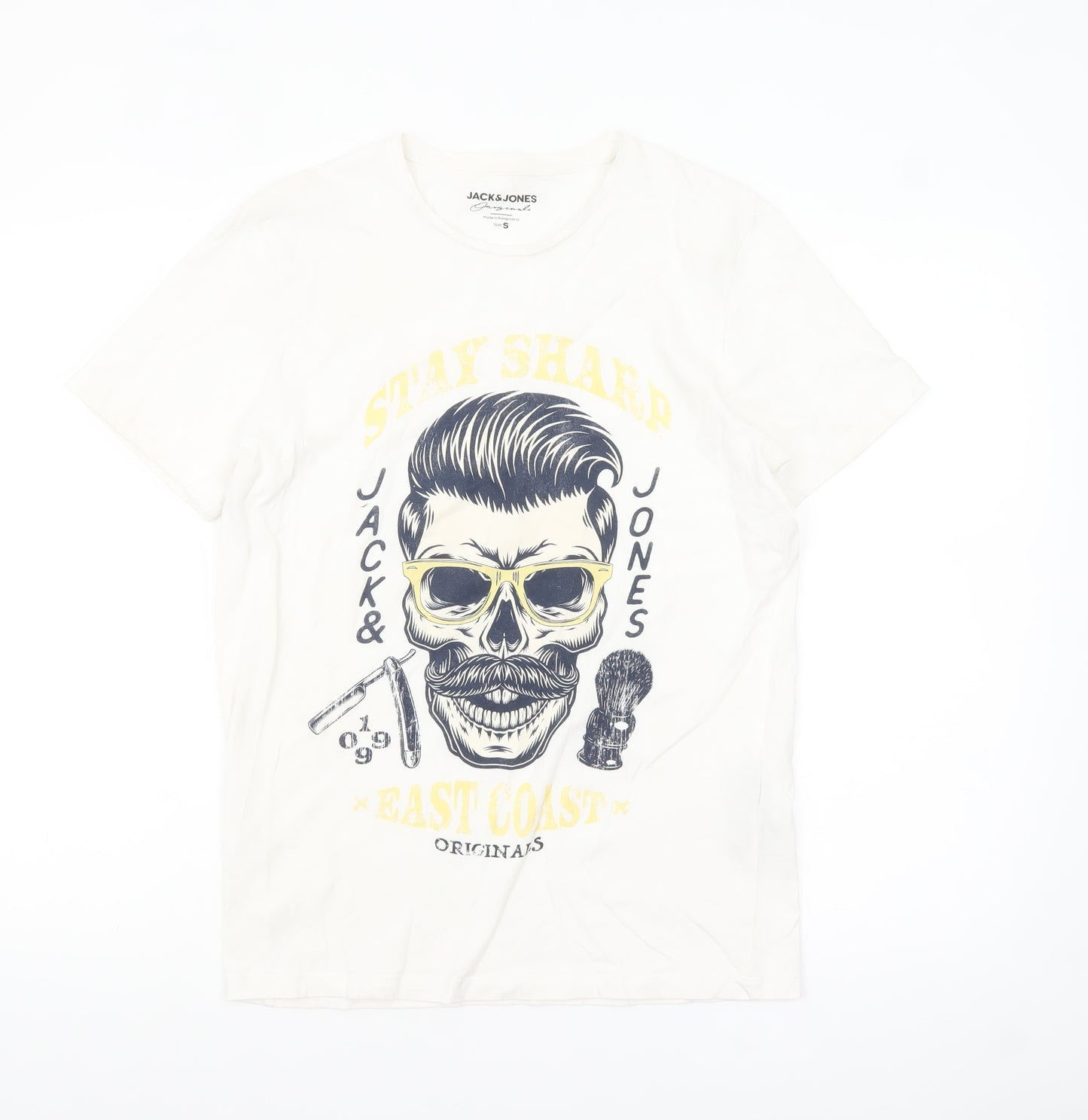 Jack & Jones Originals Men's White Graphic Skull Print Cotton T-Shirt Size S