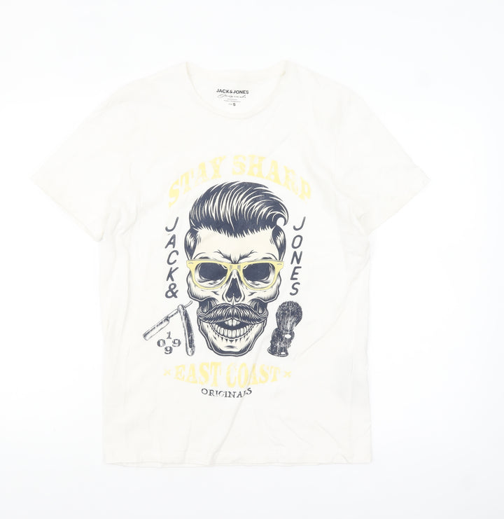 Jack & Jones Originals Men's White Graphic Skull Print Cotton T-Shirt Size S
