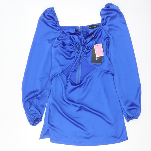 PrettyLittleThing Women’s Blue Satin Bodycon Dress UK 14 Long Sleeve