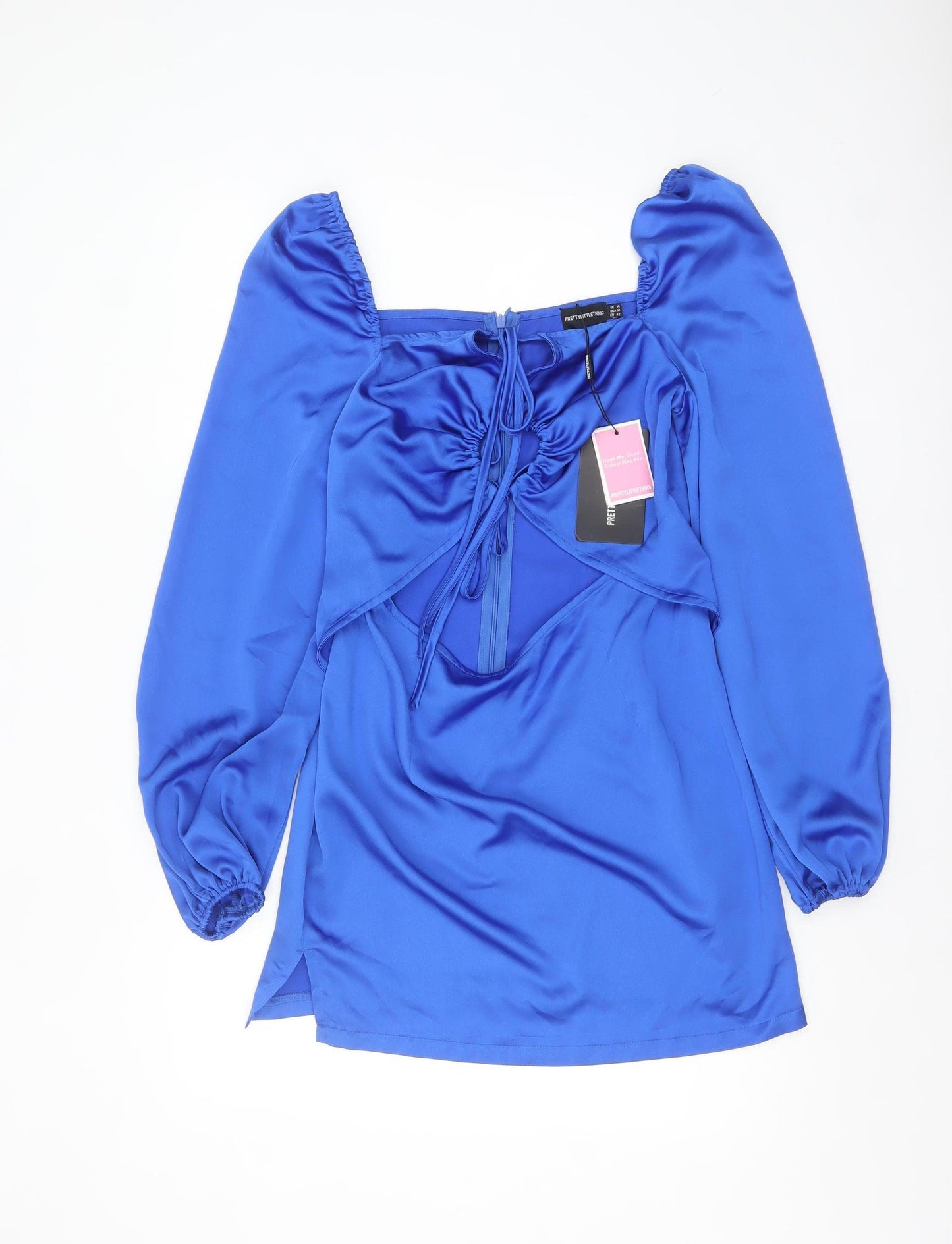 PrettyLittleThing Women’s Blue Satin Bodycon Dress UK 14 Long Sleeve