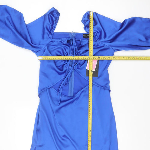 PrettyLittleThing Women’s Blue Satin Bodycon Dress UK 14 Long Sleeve
